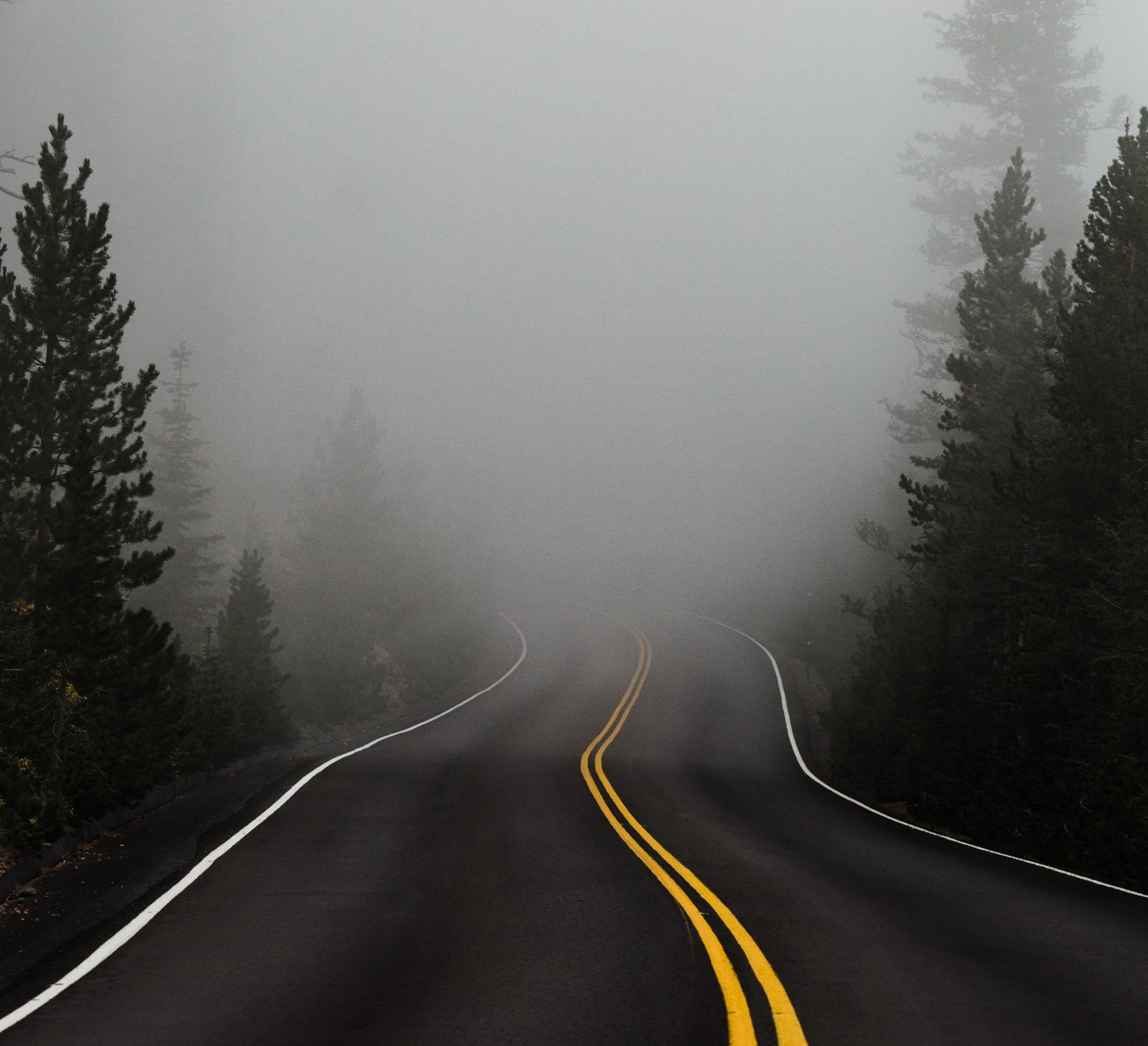 Image of a windy road disappearing into fog.